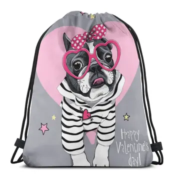 

Bag Bulldog In Striped Cardigan Glasses With Polka Dot Headband Outdoor Fitness Drawstring Beam Mouth Backpack Travel Backpack