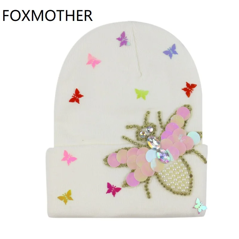 

FOXMOTHER New Fashion White Burgundy Sequin Butterfly Bee Winter Knitted Beanie Hats Caps Women Ladies Girls