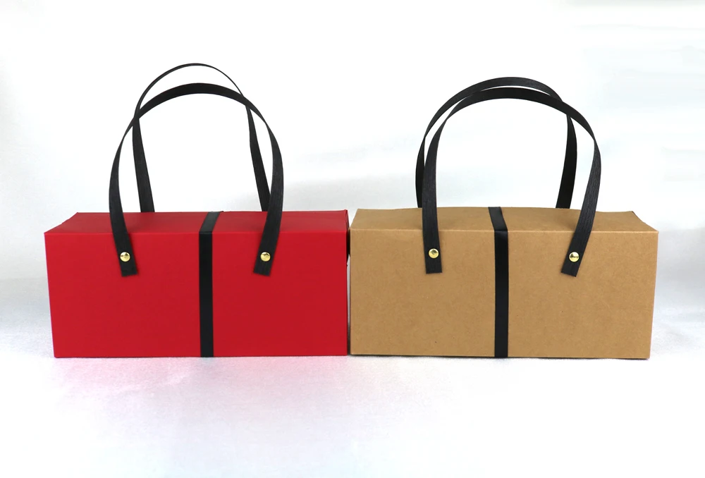 100Long brown/red kraft paper box with handle,gift packing cardboard paper box muffin cake cookies Macaron candy packaging boxes