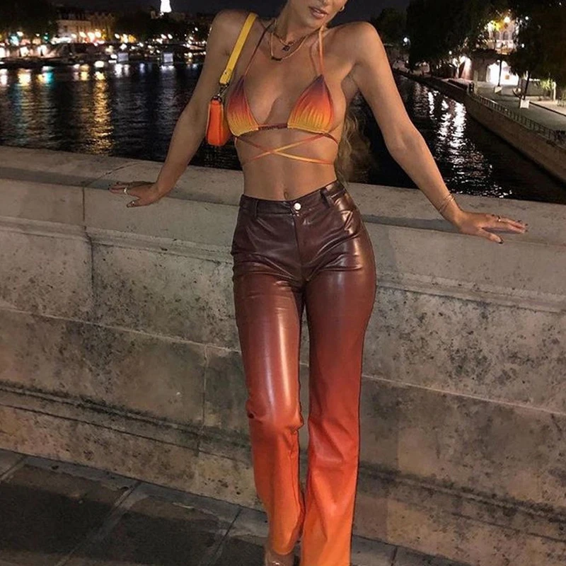 Orange Gradient Punk Leather Leggings 