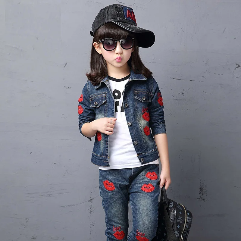 

2018 New Style Childrenswear Girls Big Boy Korean-style Casual Cowboy Printed Set Spring And Autumn Hot Selling