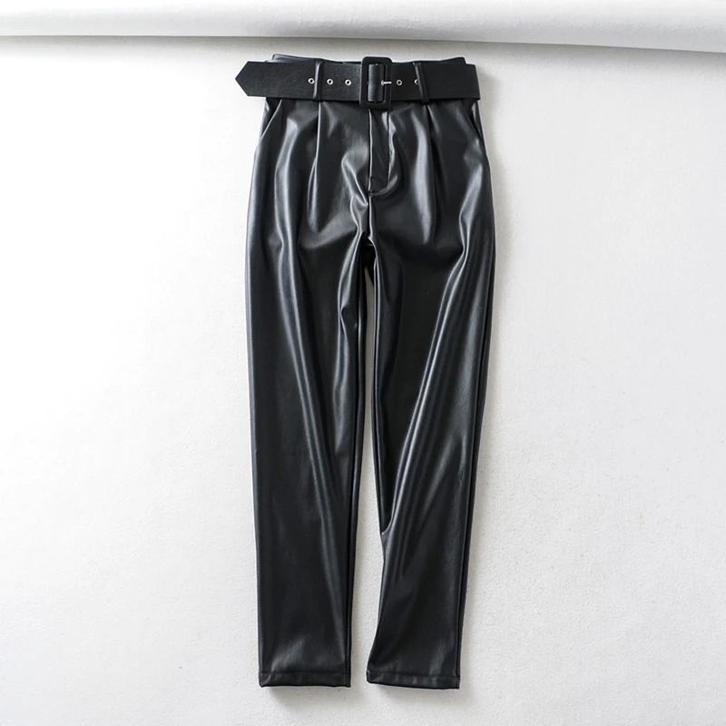 Tangada женский черный костюм из искусственной кожи брюки с высокой талией брюки с поясом и карманами женские офисные брюки из искусственной кожи 6A05 - Цвет: Черный