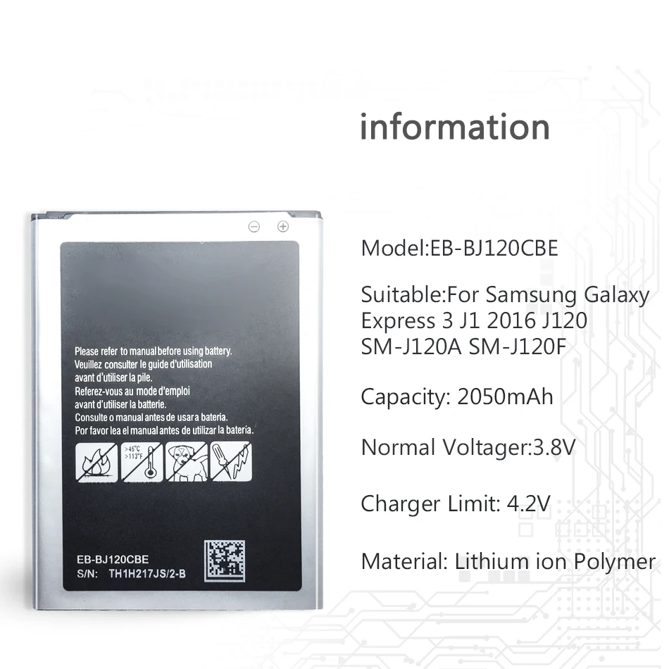 Батарея EB-BJ120CBE для Samsung Galaxy J1() J120 J120F J120A J120T 2050 мА/ч, Ёмкость EB BJ120CBE Батарея