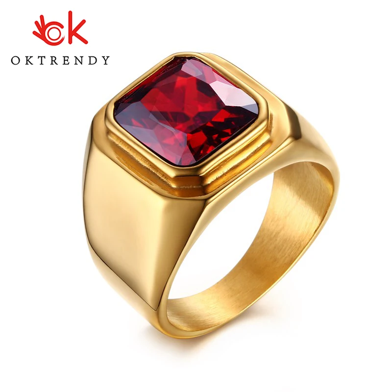 OKtrendy повседневное мужское кольцо Красный CZ камень квадратный топ из нержавеющей стали золотой цвет повседневные мужские ювелирные изделия Размер
