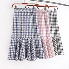 Винтажная шерстяная клетчатая юбка на молнии с высокой талией и рюшами в виде рыбьего хвоста для женщин, женские юбки розового и синего цвета, saia saias, женские черные юбки