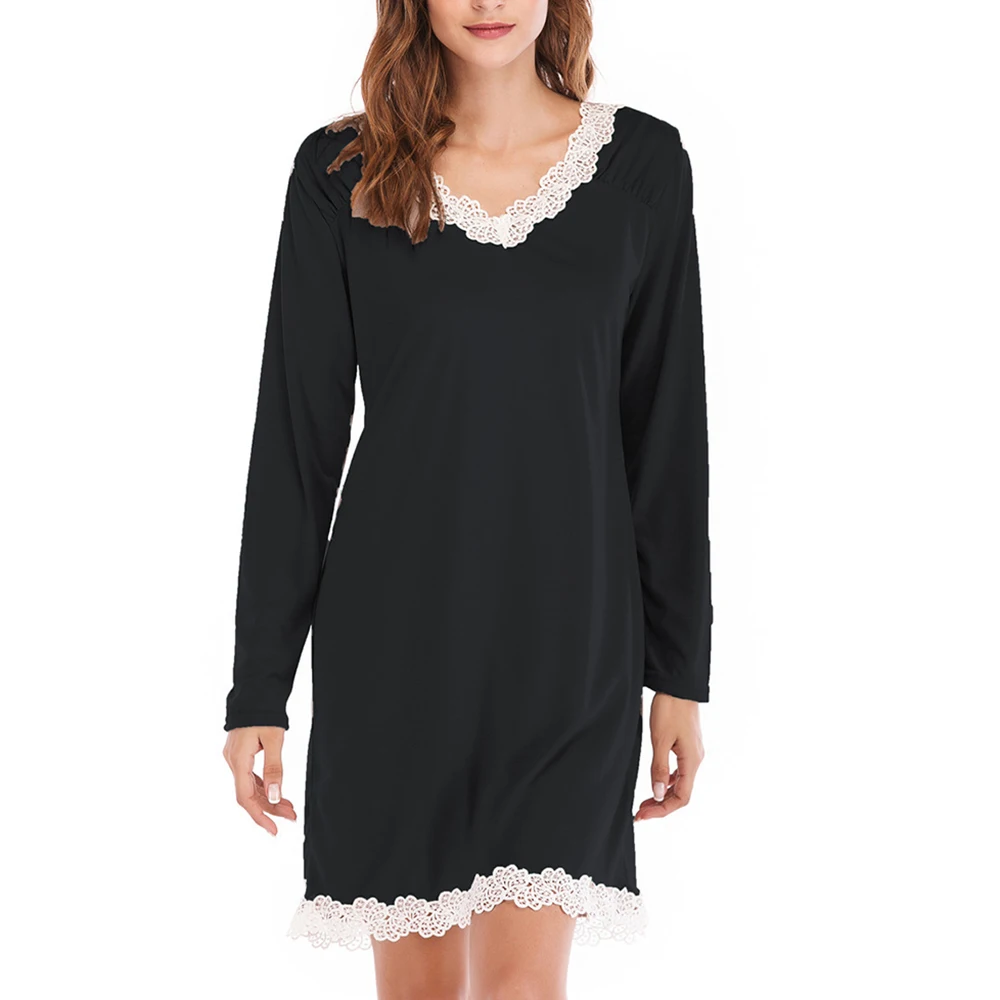 black(style1) SHUJIN женские кружевные топы с v-образным вырезом и длинным рукавом, кружевные платья для отдыха, женские весенние осенние свободные повседневные Мини-платья в стиле пэчворк - Цвет: black(style1)