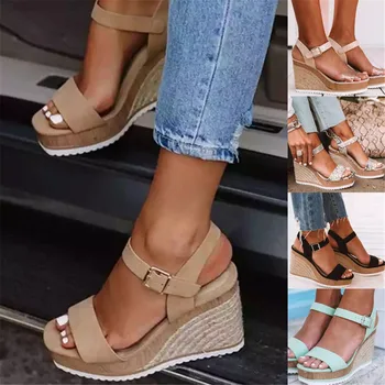 

Women Shoes Platform Sandals Women Peep Toe High Wedges Heel Ankle Buckles Sandalia Hemp Female Shoes