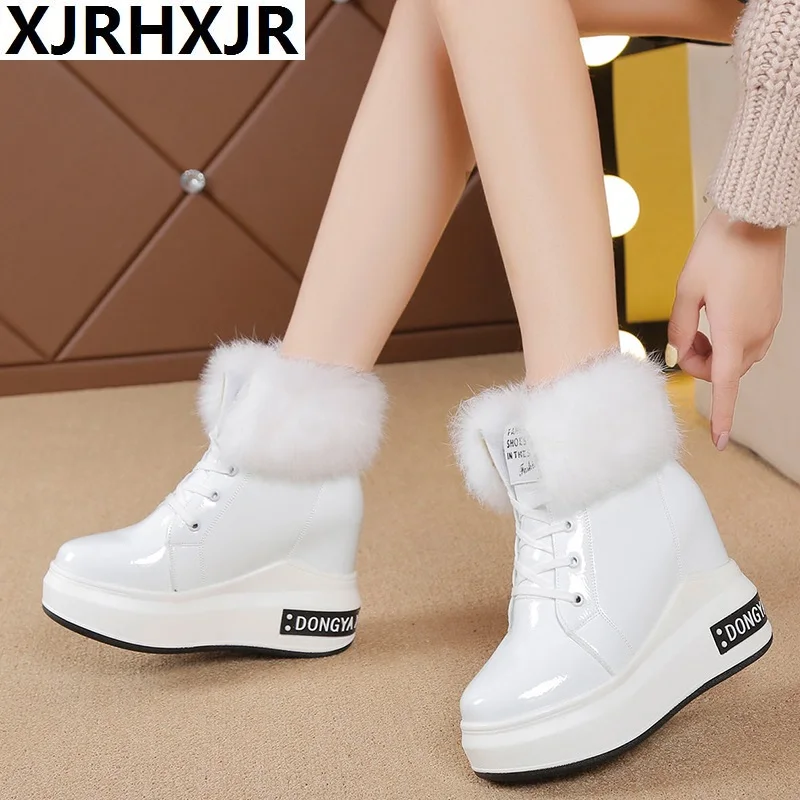 

9CM High Platform Black Boots Women 2019 Thicken Plush Warm Winter Ankle Boots Woman Thick Bottom Hidden Heels Shoes Female