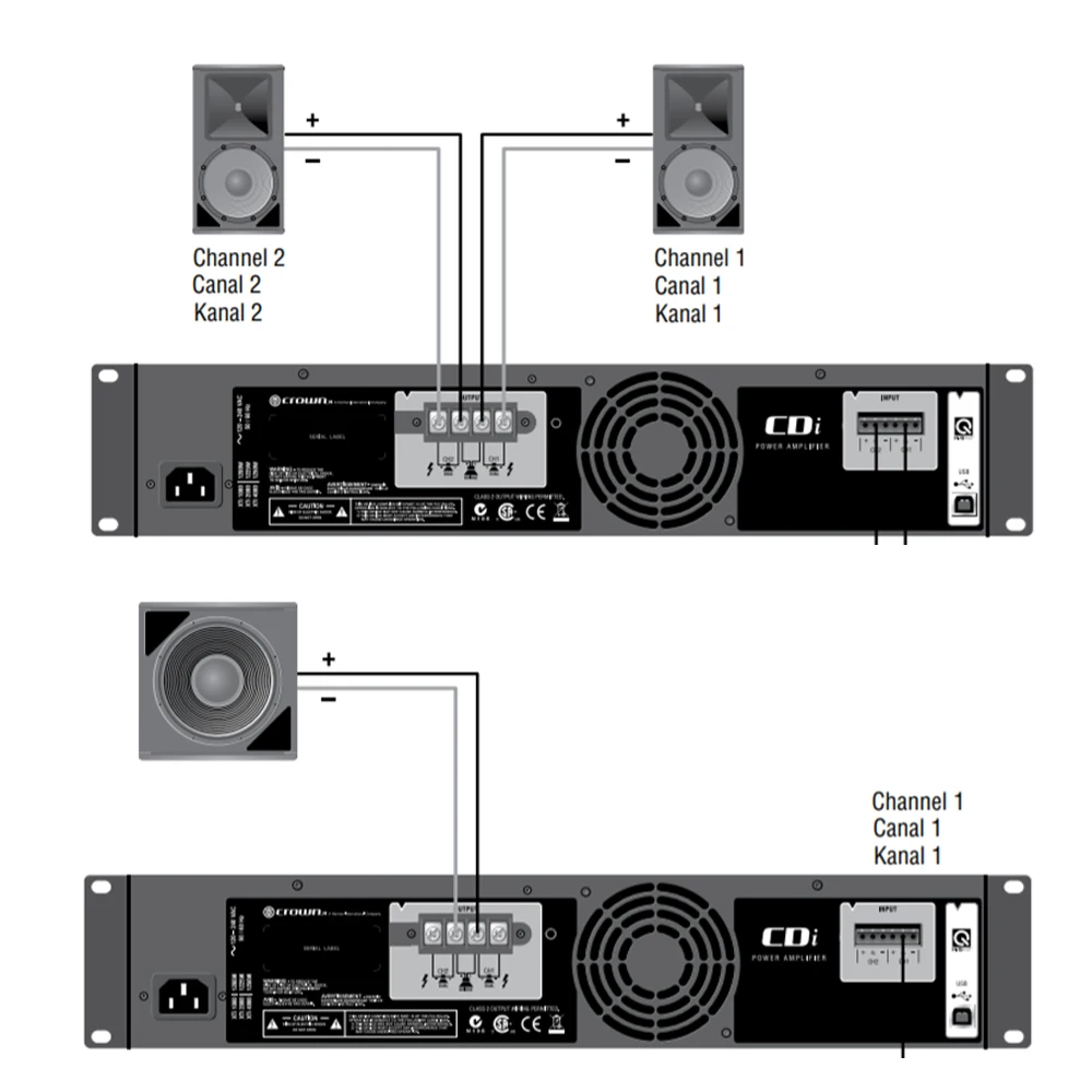 Crown CDi 4000 전력 증폭기, 온보드 DSP, 사용자 정의 프리셋, 출력 전압 70V 가변, 2 채널 1200W