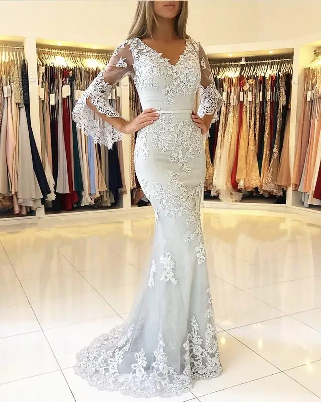 Silver-Muslim-Evening-Dresses-2019-Mermaid-V-neck-3-4-Sleeves-Lace-Beaded-Islamic-Dubai-Saudi (2)