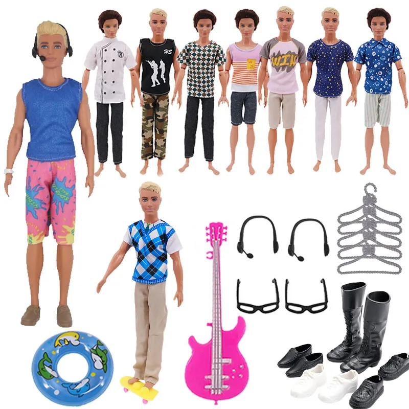 30 pçs/set Roupas Conjunto dos homens Roupas Acessórios Contém Sapatos Barbies, Fones De Ouvido, Skates, Guitarra Bonecas Brinquedos Para Crianças