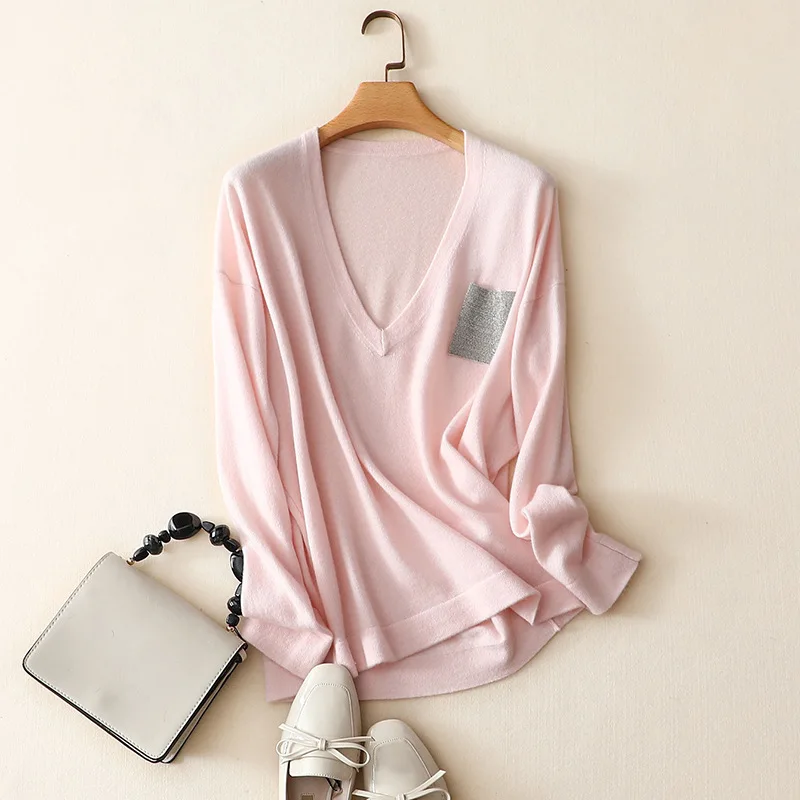 US $148.50 100 cashmere v neck sweater knitted women pocket long sleeve pink pullovers