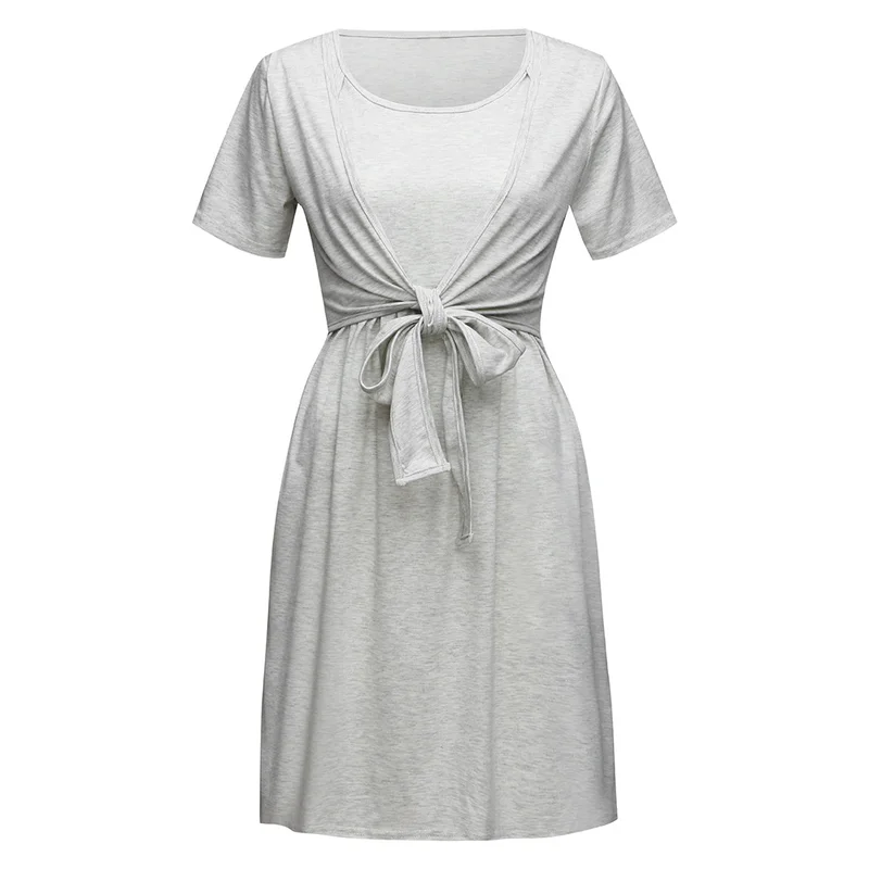 QWEEK/ летнее платье для сна с круглым вырезом и коротким рукавом, женское однотонное Хлопковое платье для беременных, женская ночная сорочка, удобная ночная рубашка - Цвет: Серый