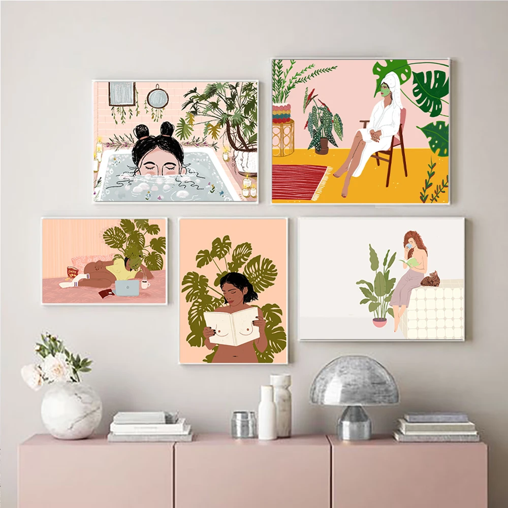 

Woman Reading Print Girl Taking a Bubble Bath Bathtub Canvas Painting Plant Lady Posters Nordic Art Wall Pictures For Home Decor