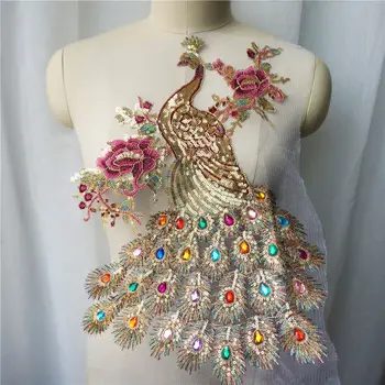

Sequin Peacock Rainbow Rhinestone Feather Tail Embroidered Gown Appliques Lace Fabric Mesh Sew Patch For Wedding Decoration DIY