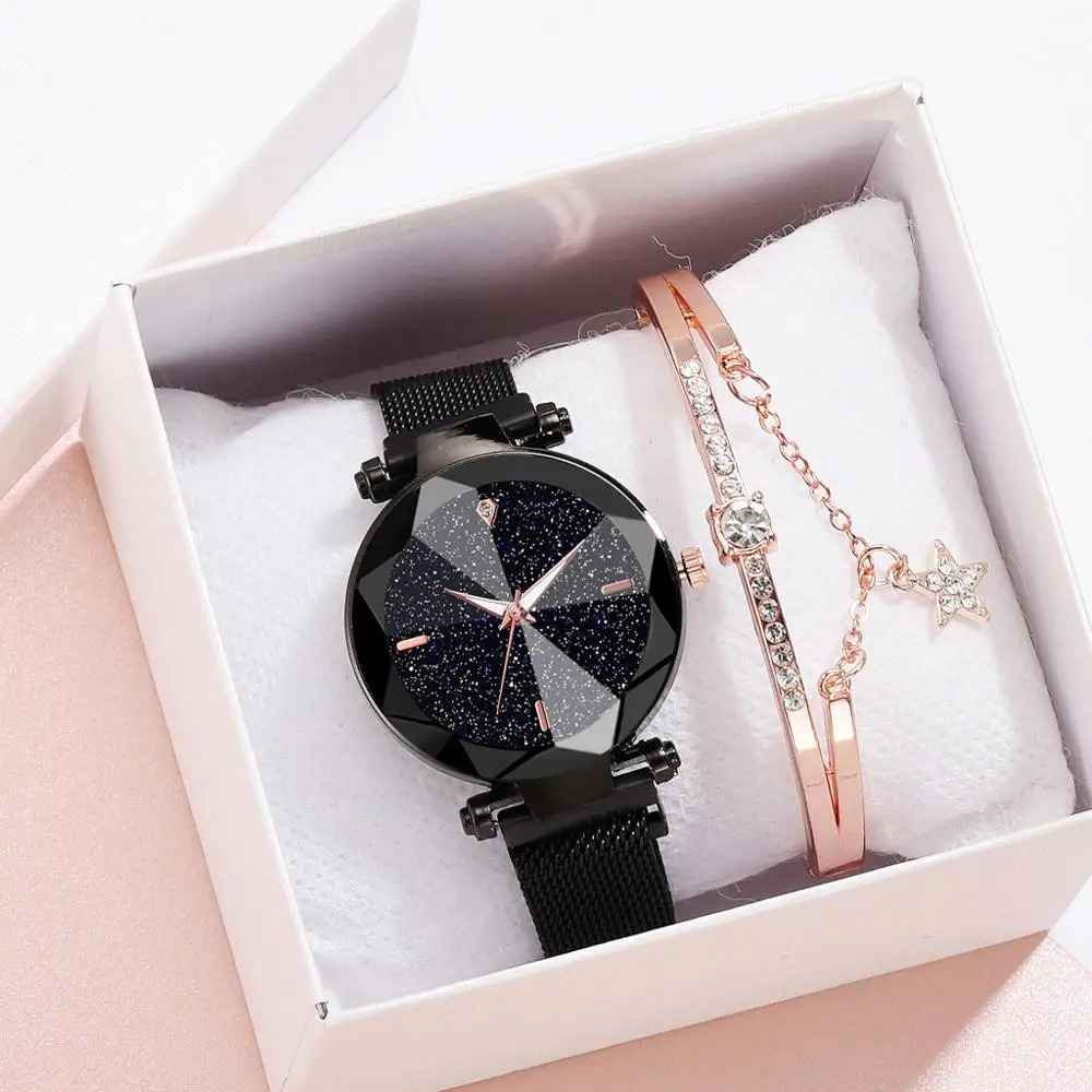 Black Color Bracelet Роскошные женские часы Звездное небо женские часы-браслет ремешок из нержавеющей стали Кварцевые наручные часы reloj mujer relogio feminino - Цвет: Black Color Bracelet