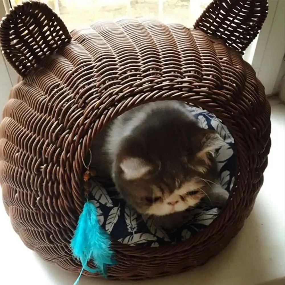  Pet Woven Cave Bed Woven Imitation Wicker Pet House Basket Bed for Cat/Kitten/Puppy/Dog