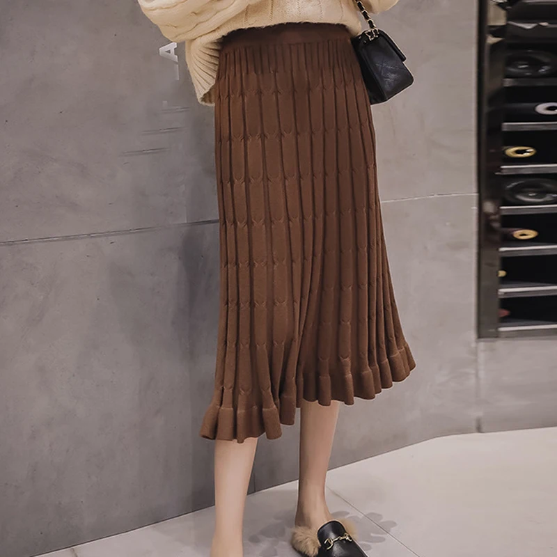 Корейский свитер'll lunga Женская юбка с оборками модная юпе longue Высокая талия трикотажная юбка-пачка осенне-зимние юбки с переплетением