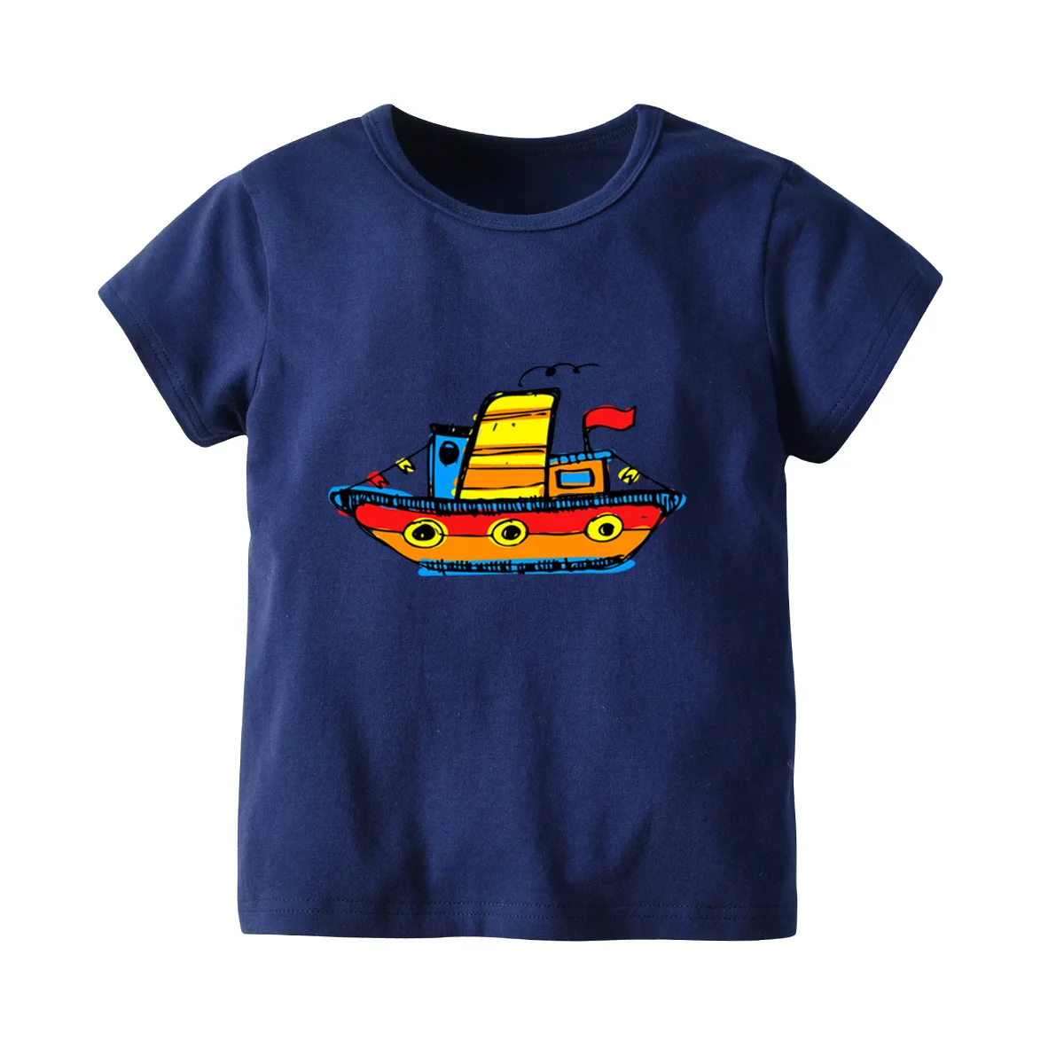 

2019 Summer New Style Europe And America Short Sleeve BOY'S Sapphire Blue Pirate Ship Short Sleeve out Clothes Children T-shirt