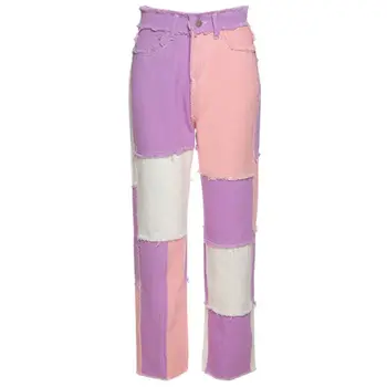 

Women High Waist Straight Leg Pants Color Block Patchwork Distressed Trousers