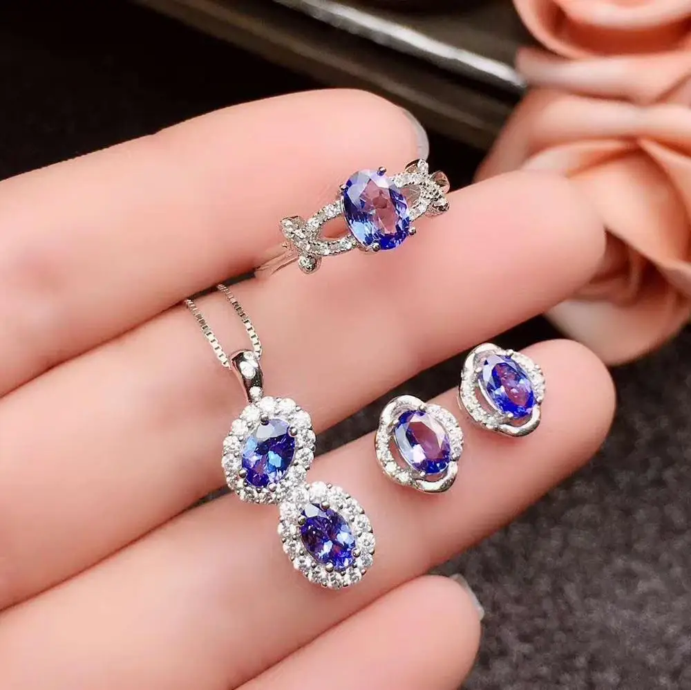 Real Natural Tanzanite jewelry set 925 sterling silver 1pc pendant ring 2pcs Earring | Украшения и аксессуары