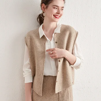 

100% Pure Wool Knitted Vest Women's O-Neck All-match Inner and Outer Vest Waistcoat Cardigan Short Loose Sleeveless Jacket