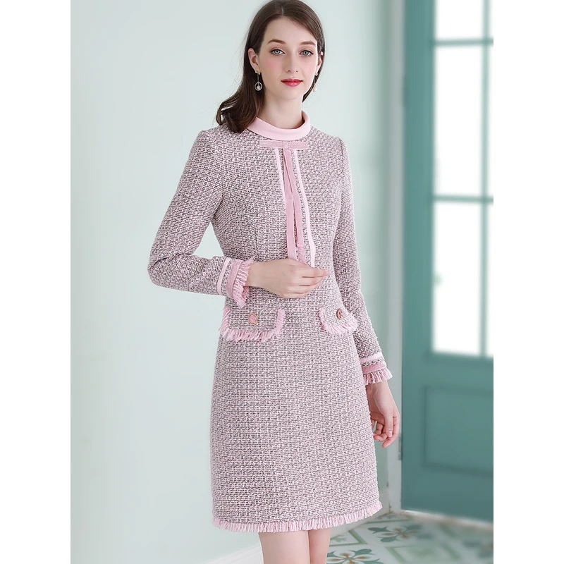 Только плюс женское розовое твидовое платье зимнее милое шерстяное платье в полоску женское элегантное тонкое офисное платье с кисточками - Цвет: Розовый