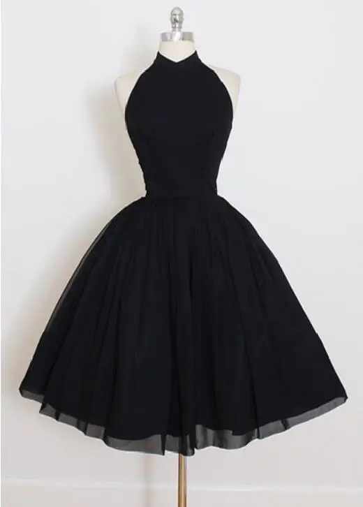 

Vintage Short Black Chiffon Halter Homecoming Dresses with Pockets A-Line Knee Length Backless Graduation Dresses for Teens