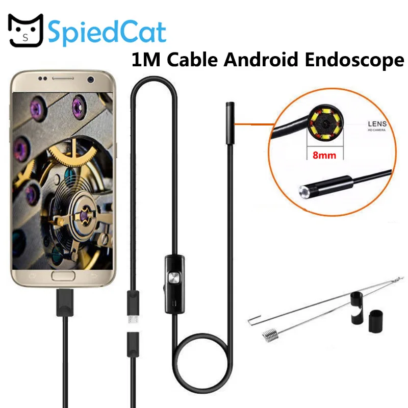 SPIED CAT 8mm Mini Lens 1M soft Cable MicroUSB Endoscope Snake Inspection Android USB Borescope Camera For Android Phone PC