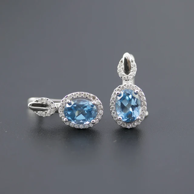 Blue Turquoise Gemstone Flower Pattern Silver Stud Earrings