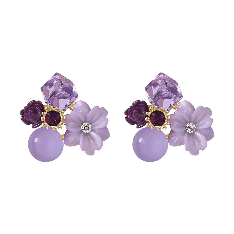 Noble Purple Crystal Flower Stud Earrings For Woman 2021 Korean Fashion Jewelry Wedding Party Girl’s Elegance Set Accessories