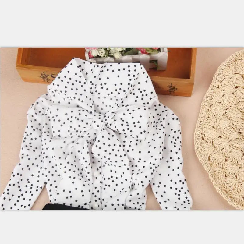 New Autumn Chiffon Blouse for Girls Long Sleeve Tops Korean Children Clothing School Girl White Dot Shirts Bow Patten Clothes