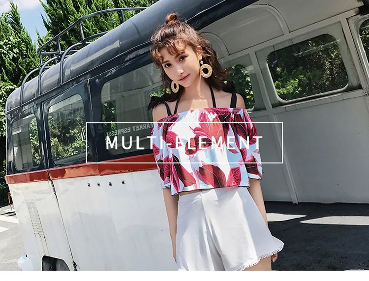

2018 New Style Split Type Four-piece Set WOMEN'S Swimsuit Loose-Fit Cropped Jacket Boxers Sun-resistant Fashion Fresh Swimwear W