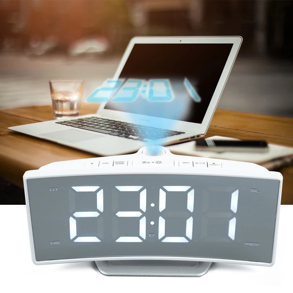 

Table Clocks USB Charging Function Arc Radio Projection Alarm Clock Desk Large LED Mirror Watch Electronic Digital Luminous