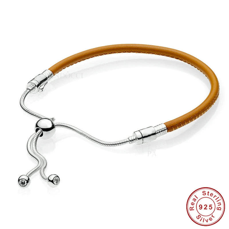 QANDOCCI 925 Серебряный скользящий Золотой коричневый кожаный браслет прозрачный CZ Подходит для оригинальных браслетов Ювелирная Летняя коллекция