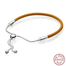 QANDOCCI 925 Серебряный скользящий Золотой коричневый кожаный браслет прозрачный CZ Подходит для оригинальных браслетов Ювелирная Летняя коллекция