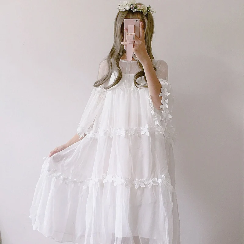 

Spring New Women Korean Lace Patckwork Gauze Princess Blouse Dress Long Fairy Dress And Strap Dress Solid Color Jupe MZ2504