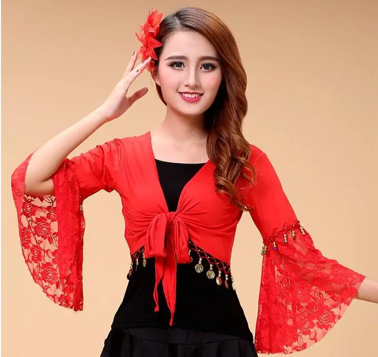 belly dance top women deep v-neck flare sleeve top girls belly dance sexy lace top