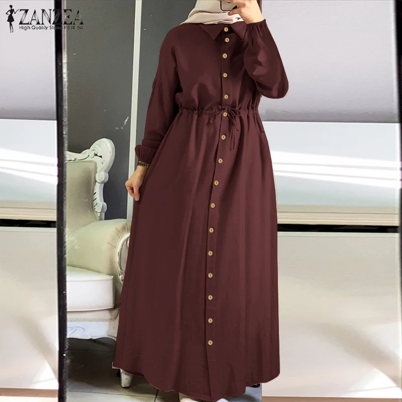 Retro Muslim Shirt Dress Womens Puff Sleeve Sundress ZANZEA 2020 Casual Drawstring Maxi Vestidos Female Button Robe Oversized