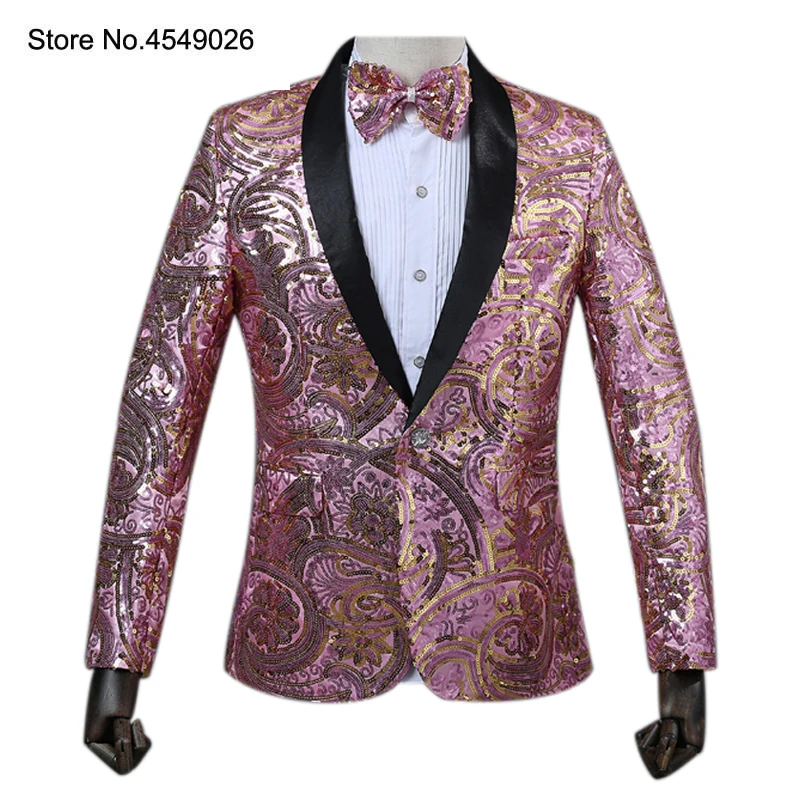 

Pink Gold Flower Sequins Fancy Party Wedding Singer Stage Performance Suit Jacket Annual Dj Blazer With Bow Tie Men Suit Blazer