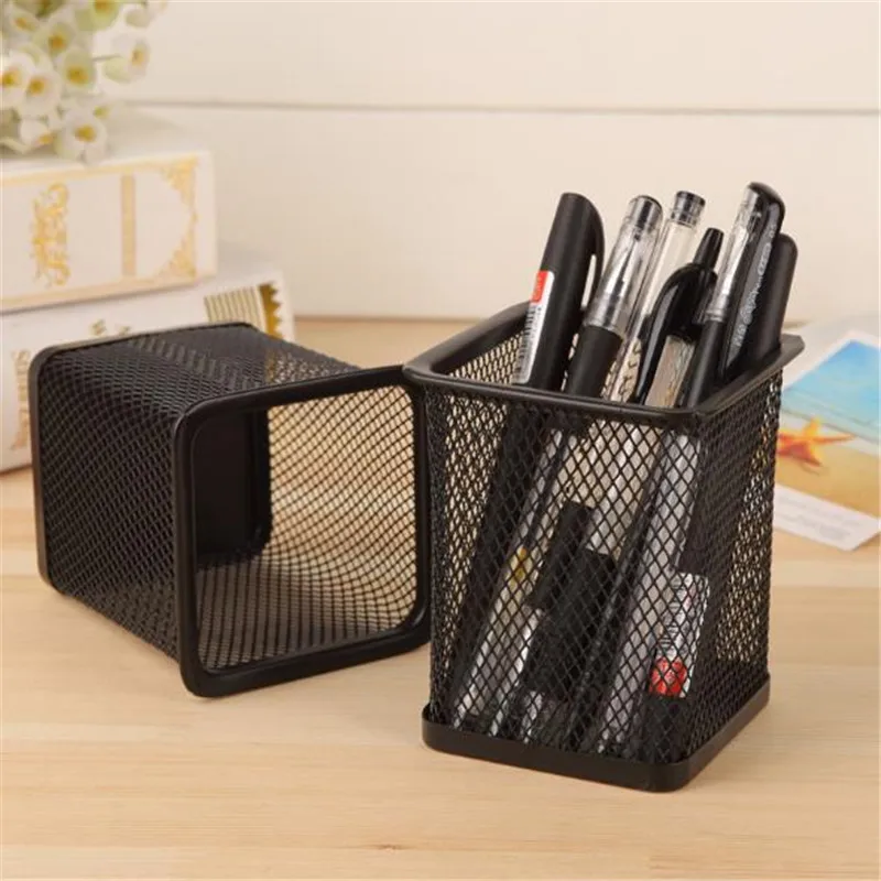 

New Pencil Holder Office Desk Metal Mesh Square Pen Pot Cup Case Container Organiser Durable Pencil Case