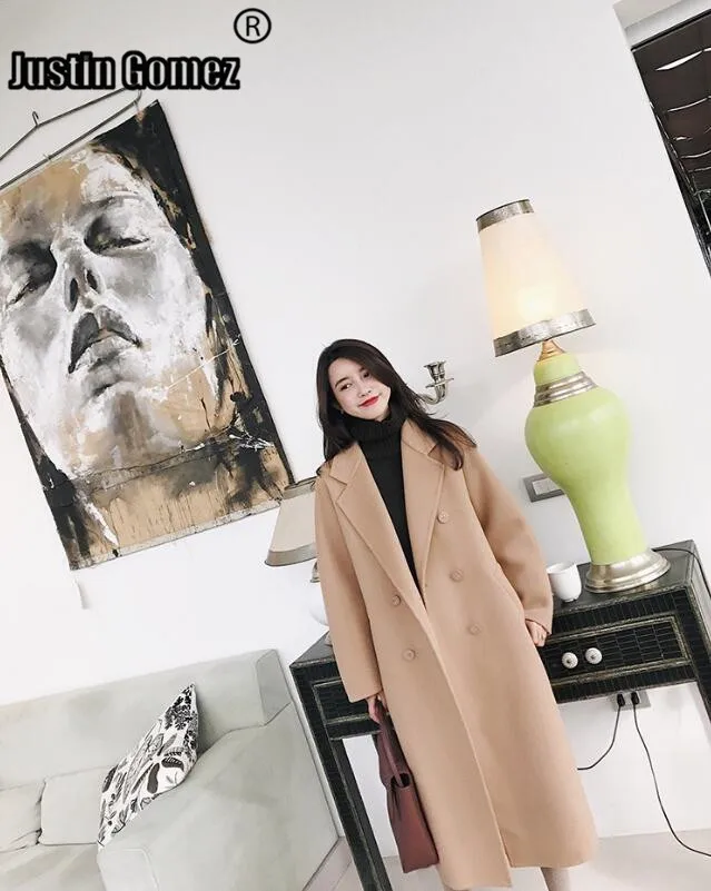 

New Double-sided Woolen Coat Women's Winter Solid Color Double-breasted Coats Cardigan Handmade Female Winter Coats With Belt
