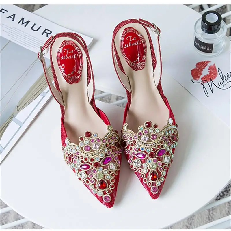 Zapatillas mujer Летняя женская обувь Острый носок слинбэки с украшением в виде кристаллов со стразами Дамская обувь на высоком каблуке; Tacones Mujer - Цвет: 6cm
