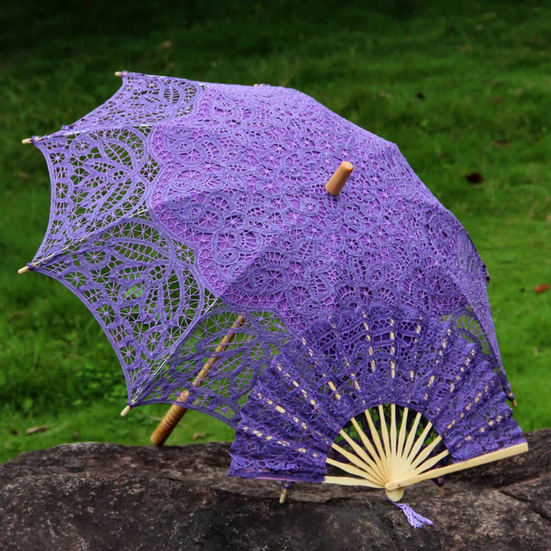 19 век популярный стиль стимпанк ручной работы Баттенбург кружевной зонтик кружевной веер набор свадебный зонтик - Цвет: A0104 purple