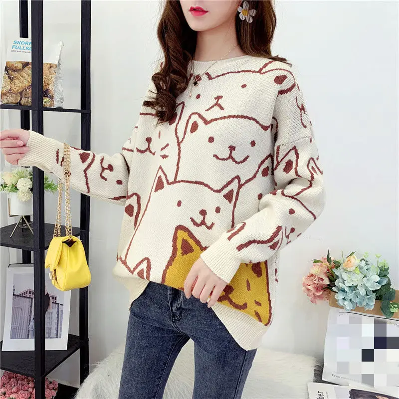 

Spring Autumn Acrylic Women's Sweater Round Collar Long Sleeve Pullover Knitted Embroidery Loose Couples Fashion Casual Sweater