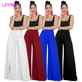 

2020 new European and American fashion wide leg trousers Elastic Waist Regular Casual Mid Solid