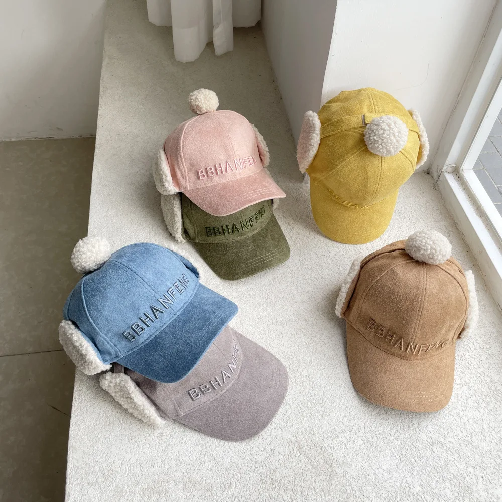 navy blue bomber hat Cute Kids Hat with Earflaps Spring & Fall Children's Hat Boys & Girls Baseball Cap Solid Color Peaked Cap 3-7years Dual-use white camo bomber hat