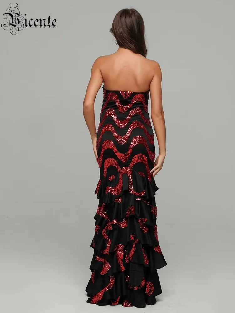 VC,,, волнистое платье с блестками и рюшами, Vestidos, сексуальный бюстгальтер без бретелек, знаменитостей, вечернее платье макси для вечеринки