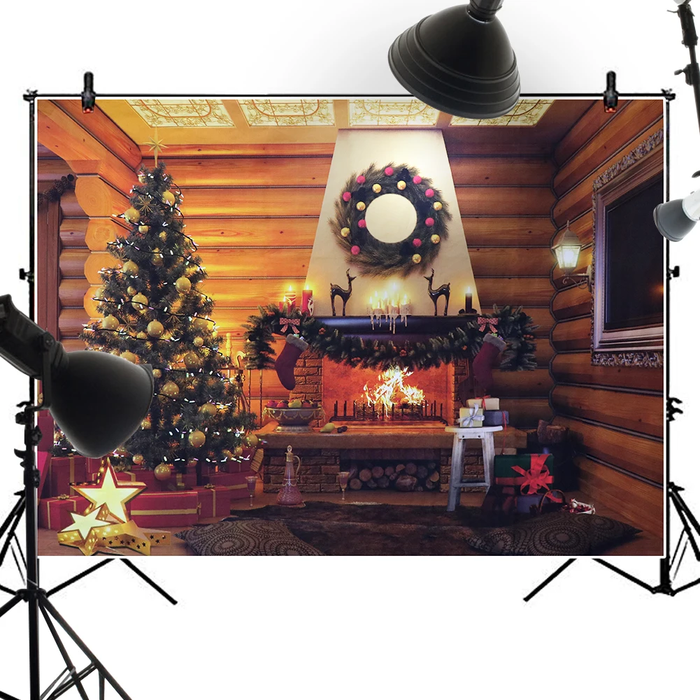 OHEART Christmas Photography Backdrop Farmhouse Wood Cabin Christmas Tree Fireplace Xmas Decorations Photo Studio Props