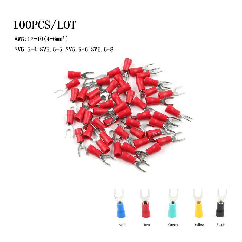 

100PCS/lot DIY YOU SV5.5-4 SV5.5-5 SV5.5-6 SV5.5-8Terminal Cable Wire Connector Insulated Fork Spade Crimp Connector AWG12-10